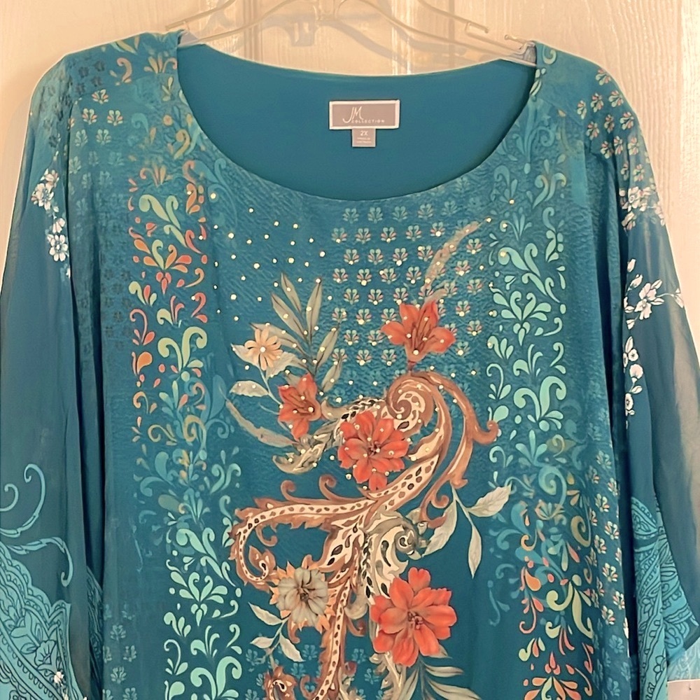 JM Collection Teal Floral Embellished Chiffon-Overlay Poncho-Style Blouse Top 2X